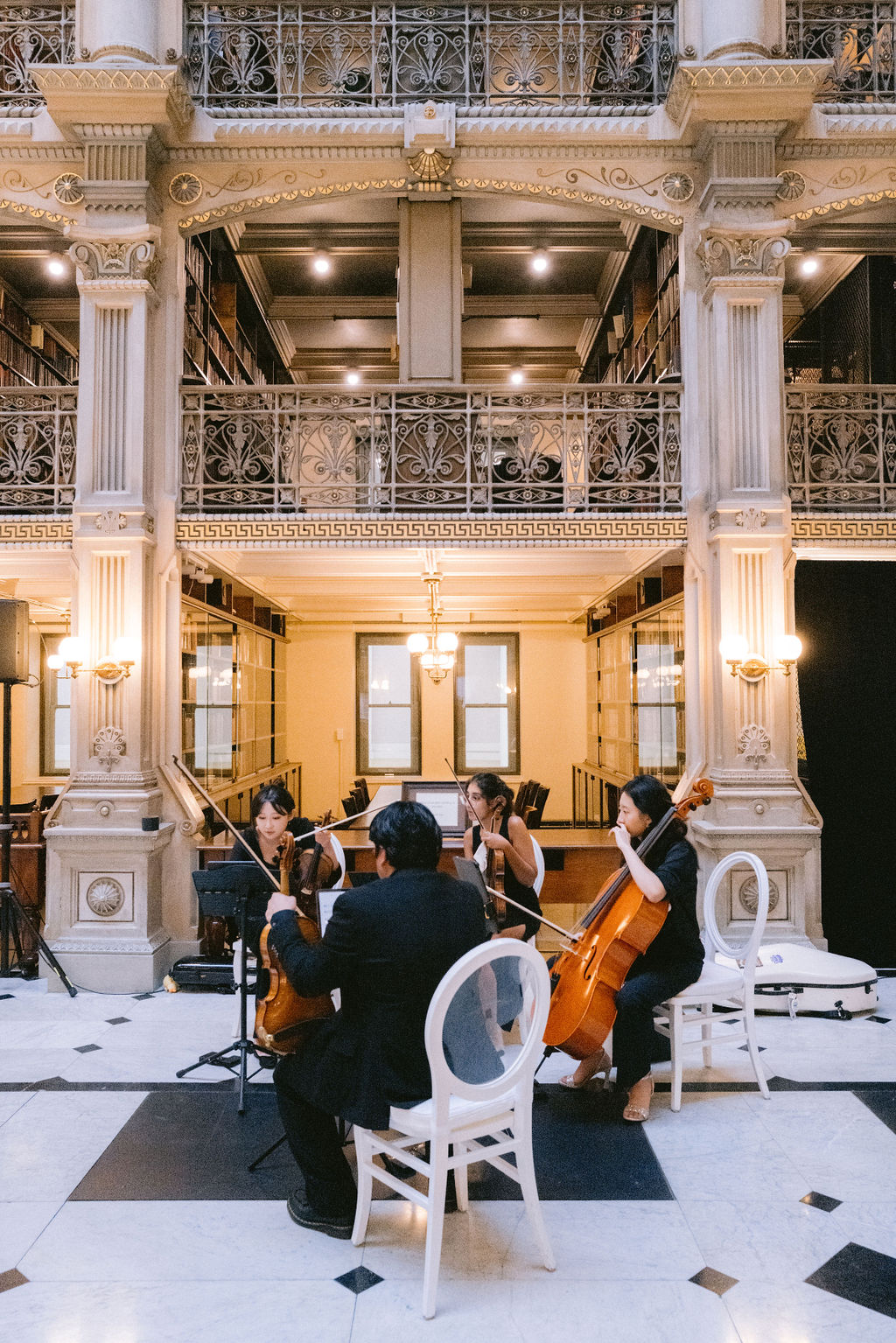 NikkiSanterre Photography_Emily&Daniel_9-1-24 (1) String band in the library.